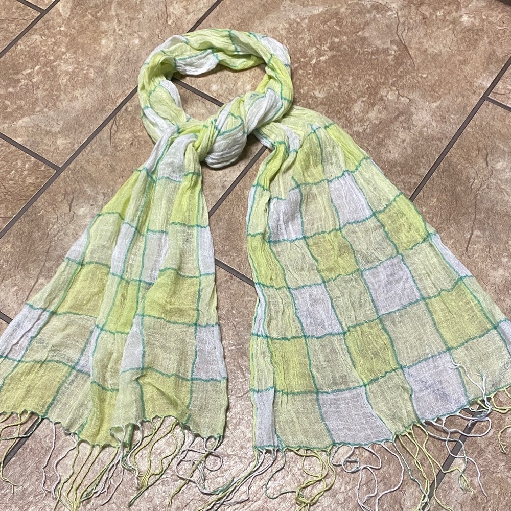 Yellow, Green and White Checkered Lightweight Scarf Spring Boho Summer